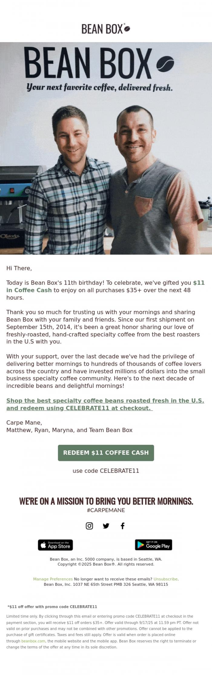 Email Design Inspiration from Bean Box, It's our 11th birthday! Let's [caffeinate] together ☕🎂