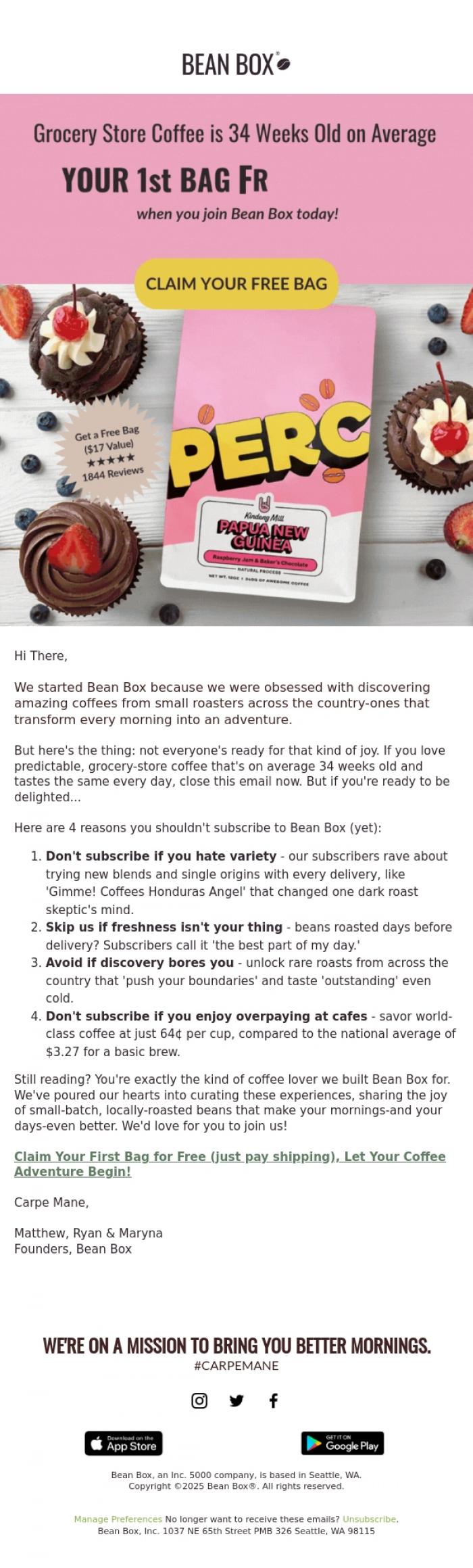 Email Design Inspiration from Bean Box, Coffee Lover, we're fresher than that ☕👇