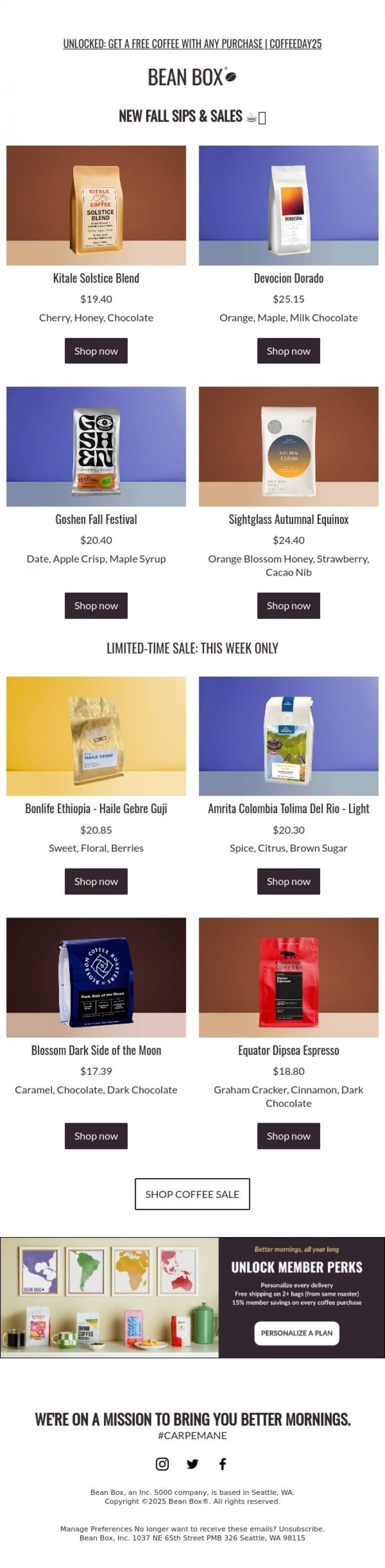 Email Design Inspiration from Bean Box, Can't miss! Fall Sips & Sales 🔥☕