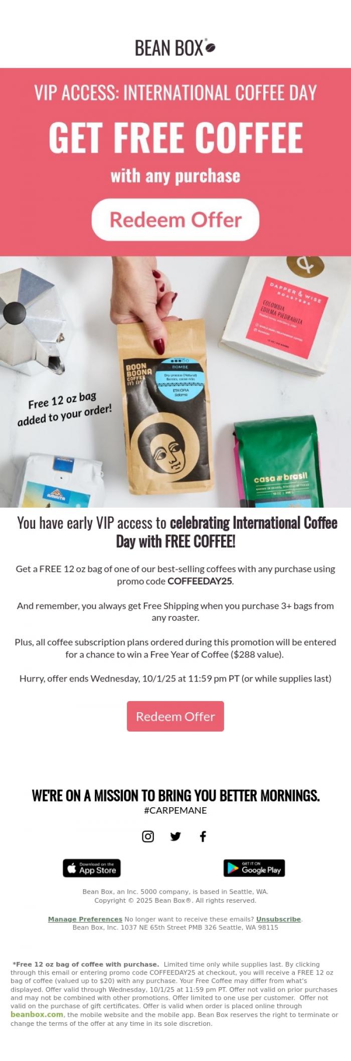 Email Design Inspiration from Bean Box, VIP Access: FREE COFFEE for International Coffee Day! ☕🌎