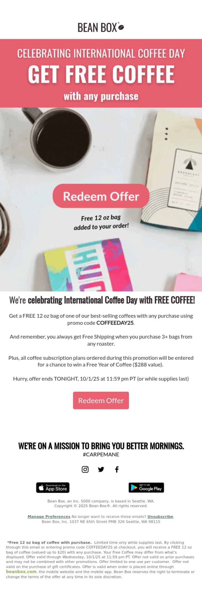 Email Design Inspiration from Bean Box, Don't miss FREE COFFEE for International Coffee Day! ☕🌎