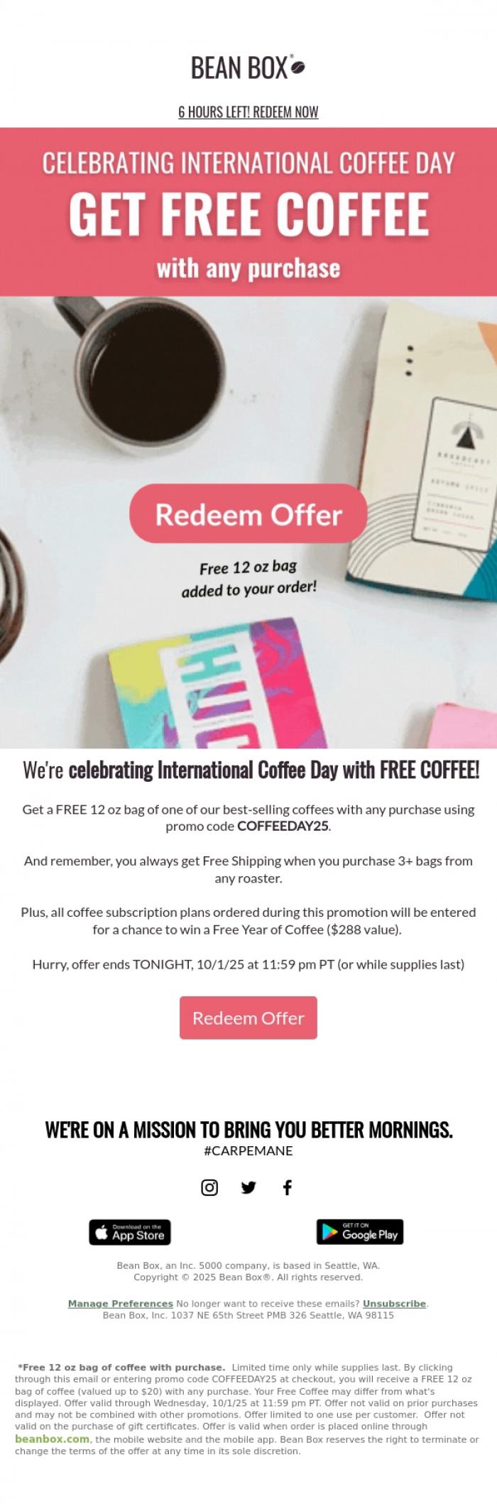 Email Design Inspiration from Bean Box, FINAL HOURS: Get FREE COFFEE for International Coffee Day! ☕🌎