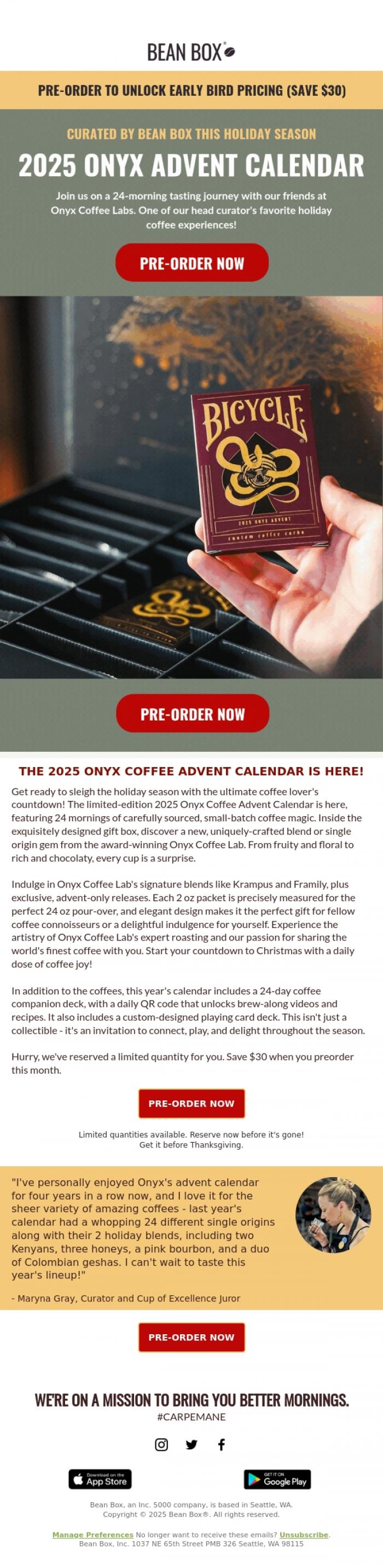 Email Design Inspiration from Bean Box, The 2025 Onyx Advent Calendar is here! ☕🎅🎁