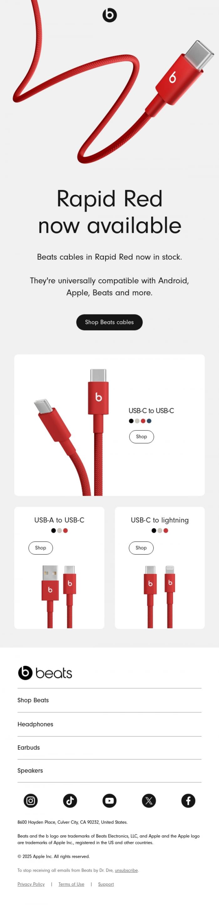 Email Design Inspiration from Beats by Dre, Beats Cables in Rapid Red are available now.