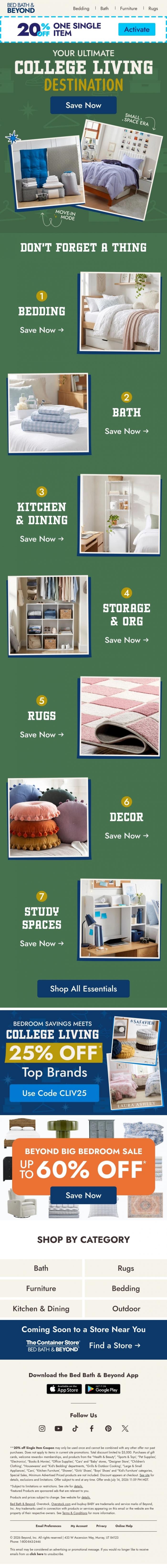 Email Design Inspiration from Bed Bath & Beyond, College living starts here + 25% off* select brands