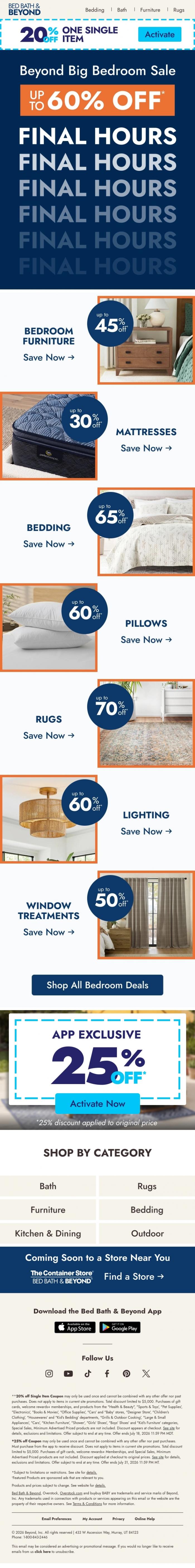 Email Design Inspiration from Bed Bath & Beyond, Last chance: Up to 60% off bedroom favorites