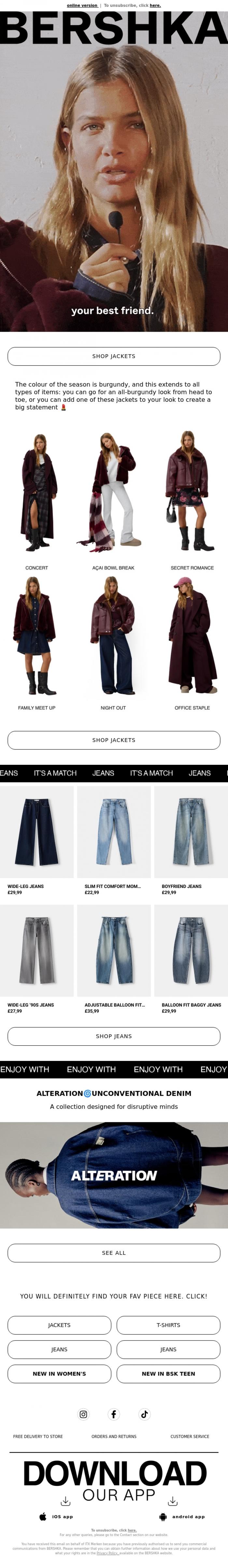 Email Design Inspiration from BERSHKA, Burgundy jacket🌹The winning combo