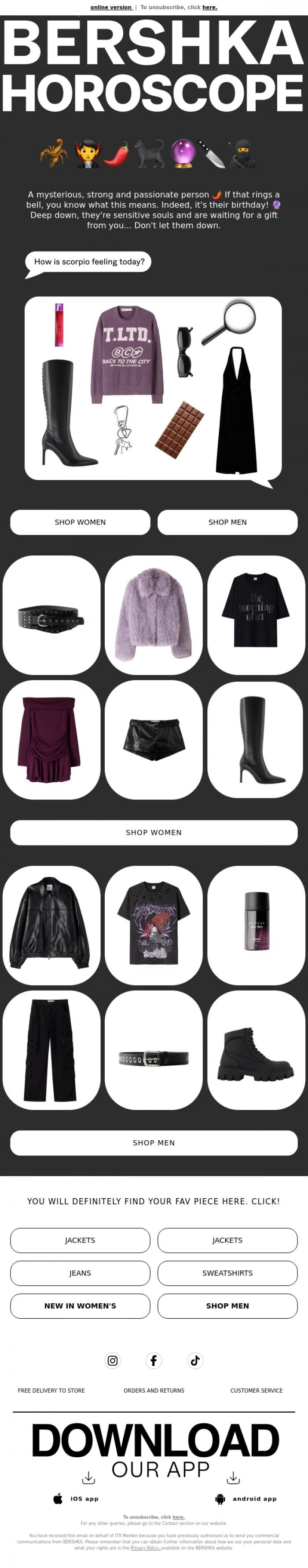 Email Design Inspiration from BERSHKA, Scorpio, Scorpio... Ready to shine? 🧛