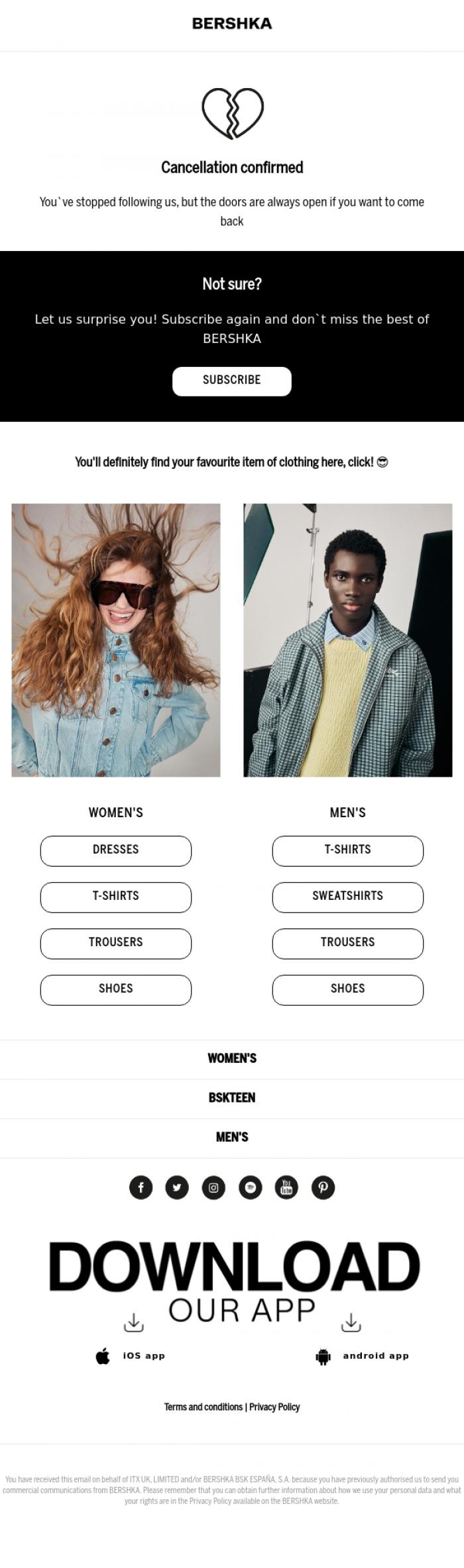 Email Design Inspiration from BERSHKA, You have successfully unsubscribed 🙌 Come back soon!