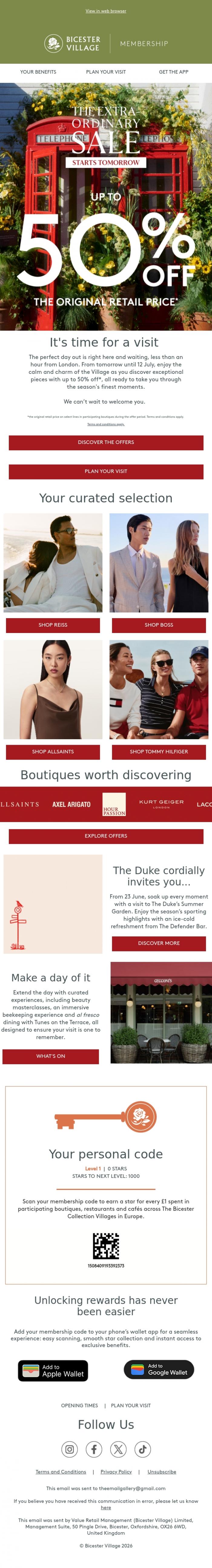 Email Design Inspiration from Bicester Village, John,up to 50% off* starts tomorrow