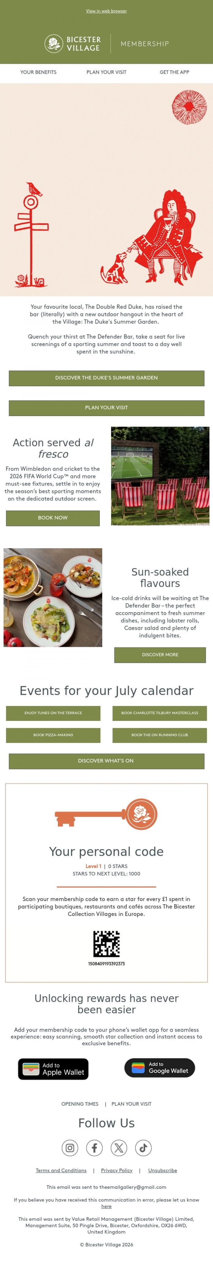 Email Design Inspiration from Bicester Village, The Duke's Summer Garden opens soon