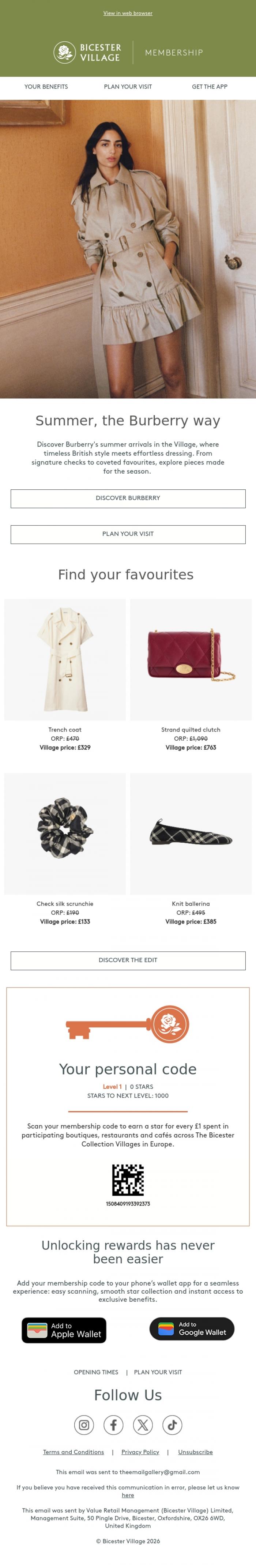 Email Design Inspiration from Bicester Village, Burberry, made for summer