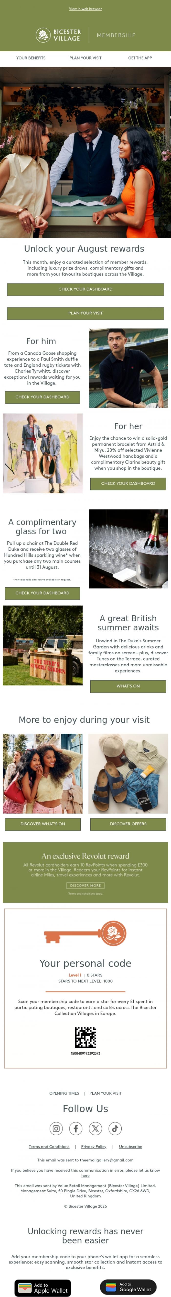 Email Design Inspiration from Bicester Village, John,  more rewards. More reasons to visit