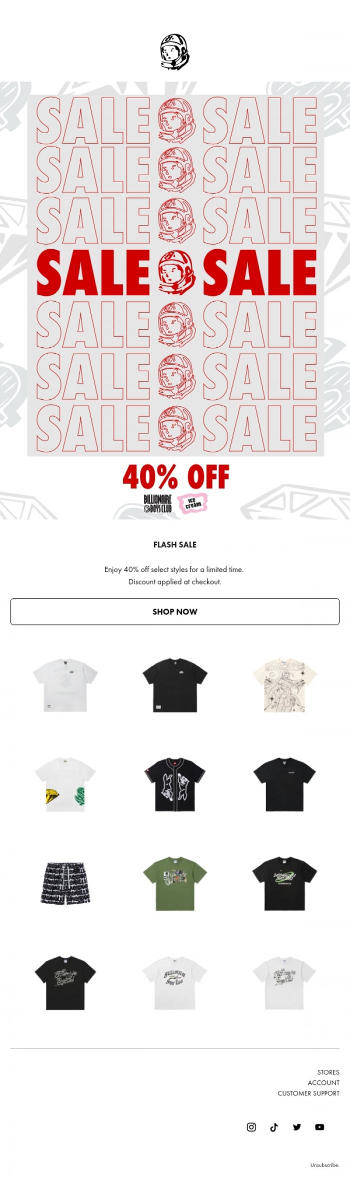 Email Design Inspiration from Billionaire Boys Club, FLASH SALE: 40% Off