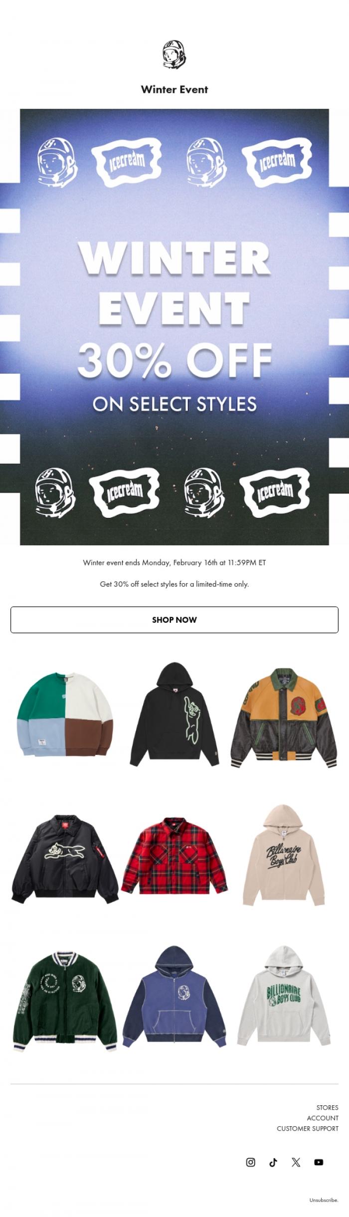 Email Design Inspiration from Billionaire Boys Club, Winter Event