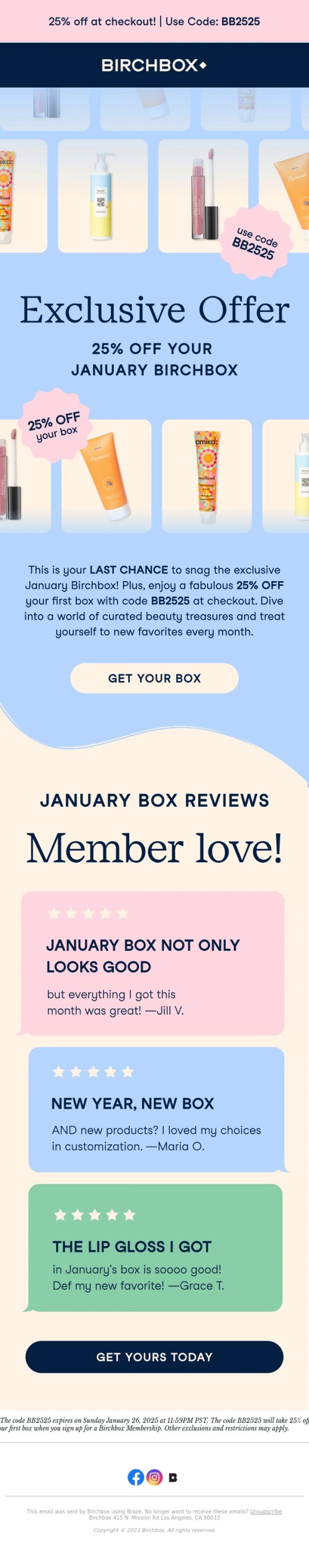 Email Design Inspiration from Birchbox, Exclusive Offer: 25% Off Your Box ✨