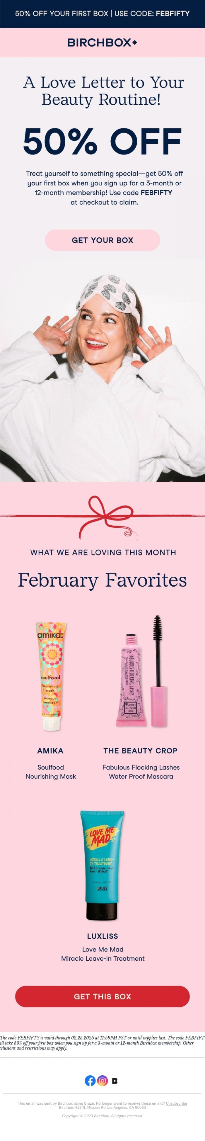 Email Design Inspiration from Birchbox, 50% off the February Box 💕