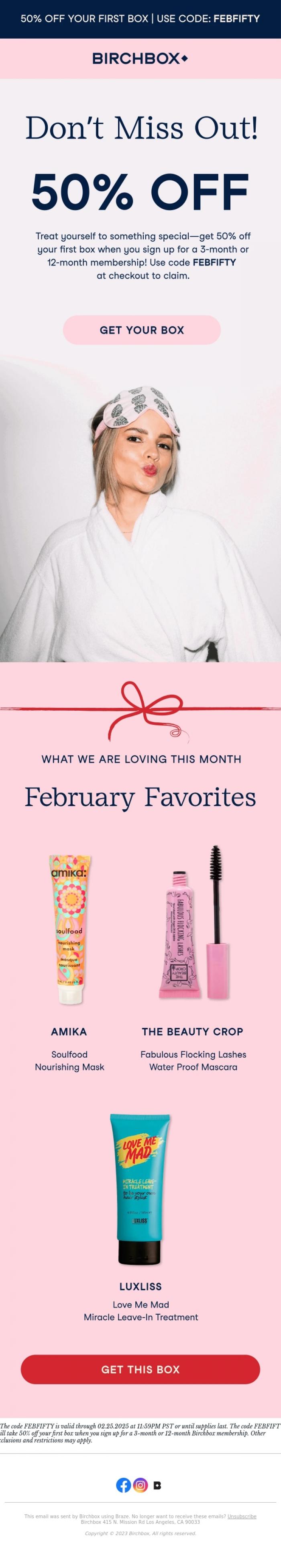 Email Design Inspiration from Birchbox, Last chance for 50% off the February Box!