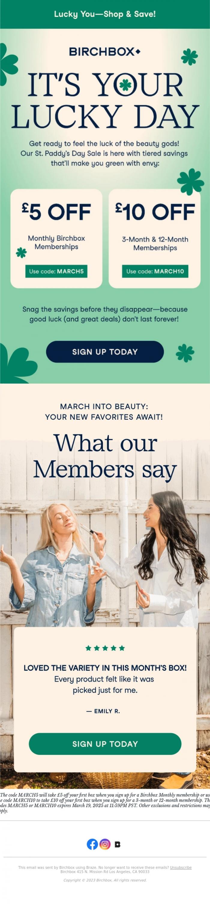 Email Design Inspiration from Birchbox, Just Your Luck 🍀 Save on any Membership!