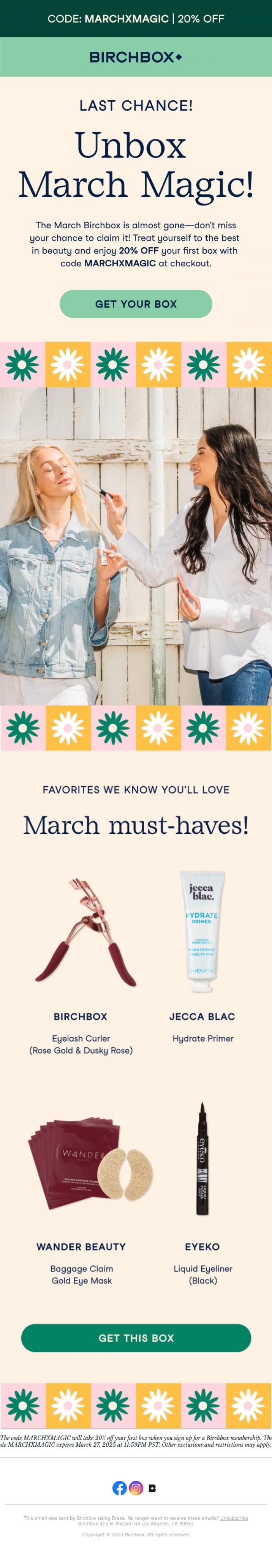 Email Design Inspiration from Birchbox, March box alert: Grab yours at 20% off before it disappears! 📦✨