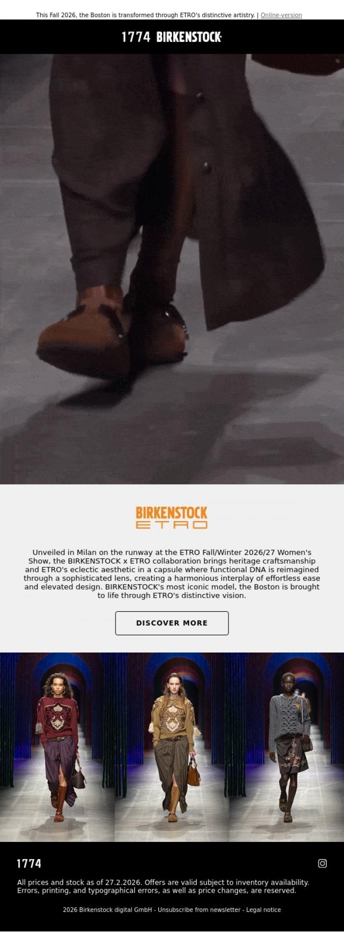 Email Design Inspiration from BIRKENSTOCK 1774, BIRKENSTOCK & ETRO Unveiled at the ETRO FW26/27 Runway Show - Coming Fall 2026