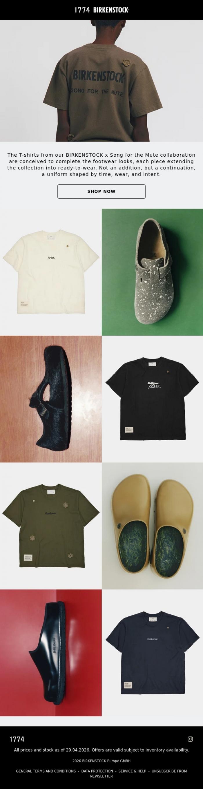 Email Design Inspiration from BIRKENSTOCK 1774, Complete the Look: BIRKENSTOCK x Song for the Mute T-Shirts