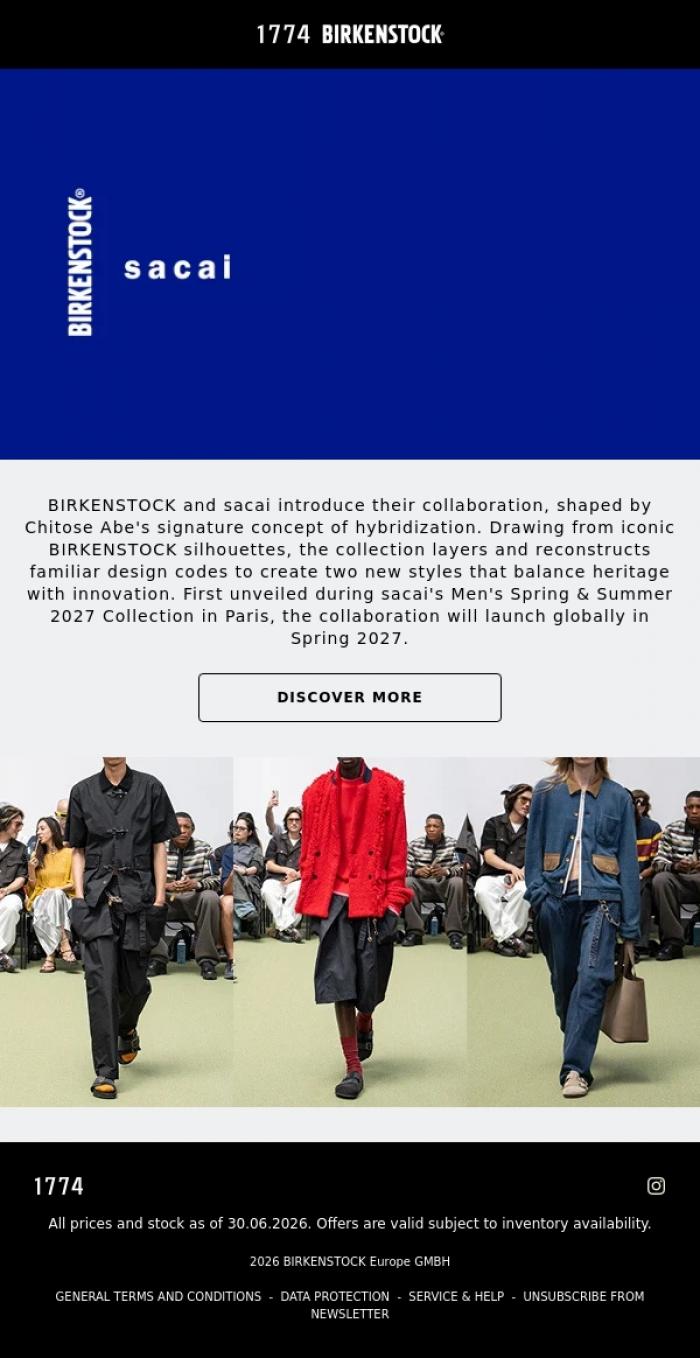 Email Design Inspiration from BIRKENSTOCK 1774, BIRKENSTOCK & sacai Unveiled in Paris at sacai Men's Spring & Summer 2027 Collection - Coming Spring 2027