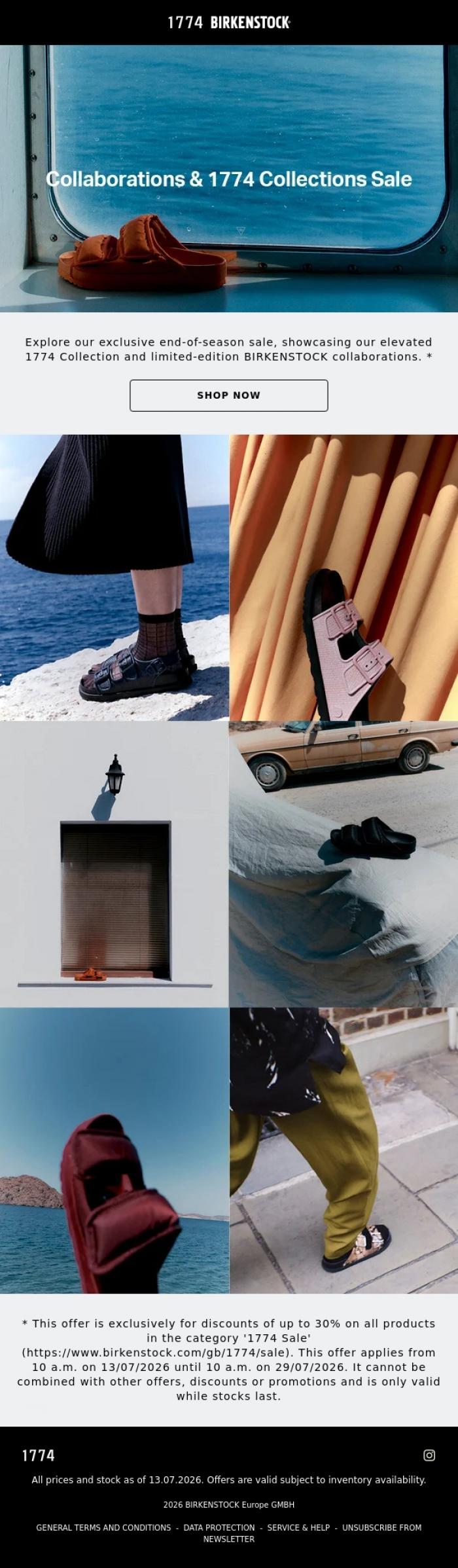 Email Design Inspiration from BIRKENSTOCK 1774, End of Season Sale on Collaborations and 1774 Collections