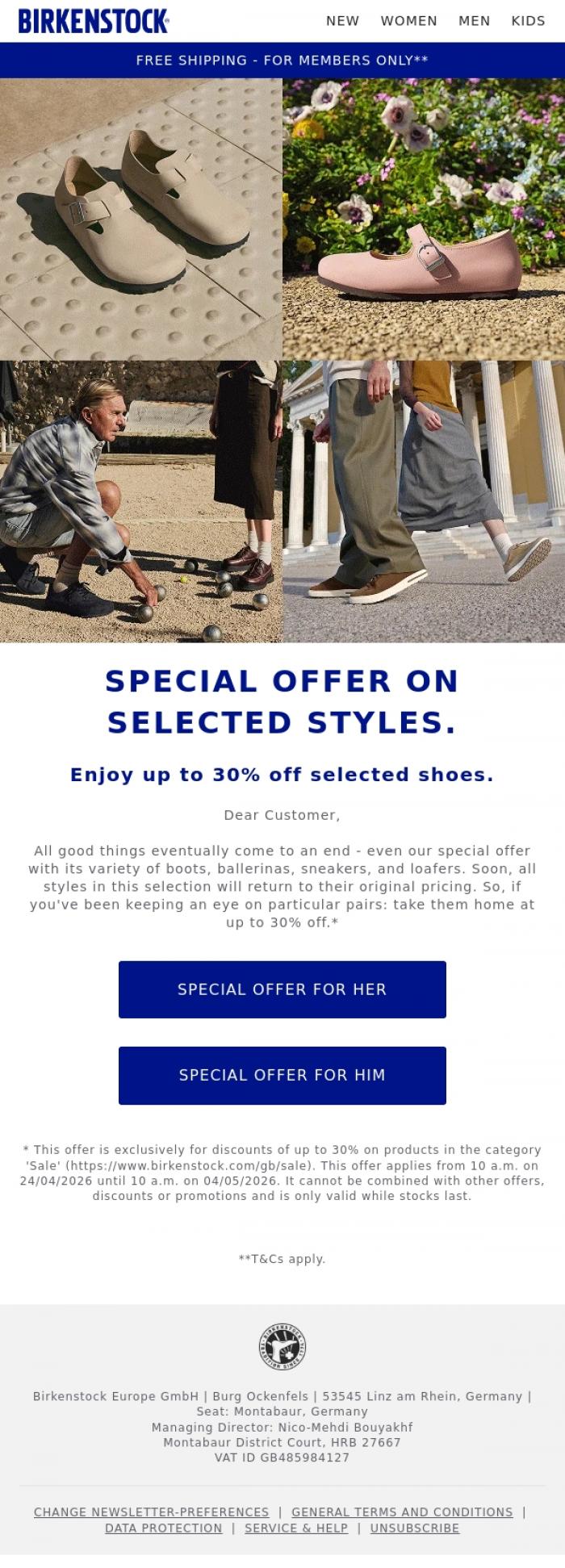 Email Design Inspiration from BIRKENSTOCK, Last Chance on Special Offer on Selected Styles.