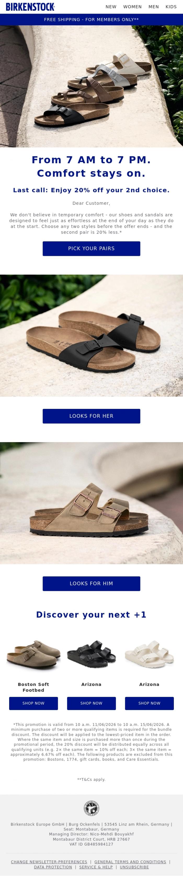 Email Design Inspiration from BIRKENSTOCK, Before the offer ends - 20% off on your 2nd pair.