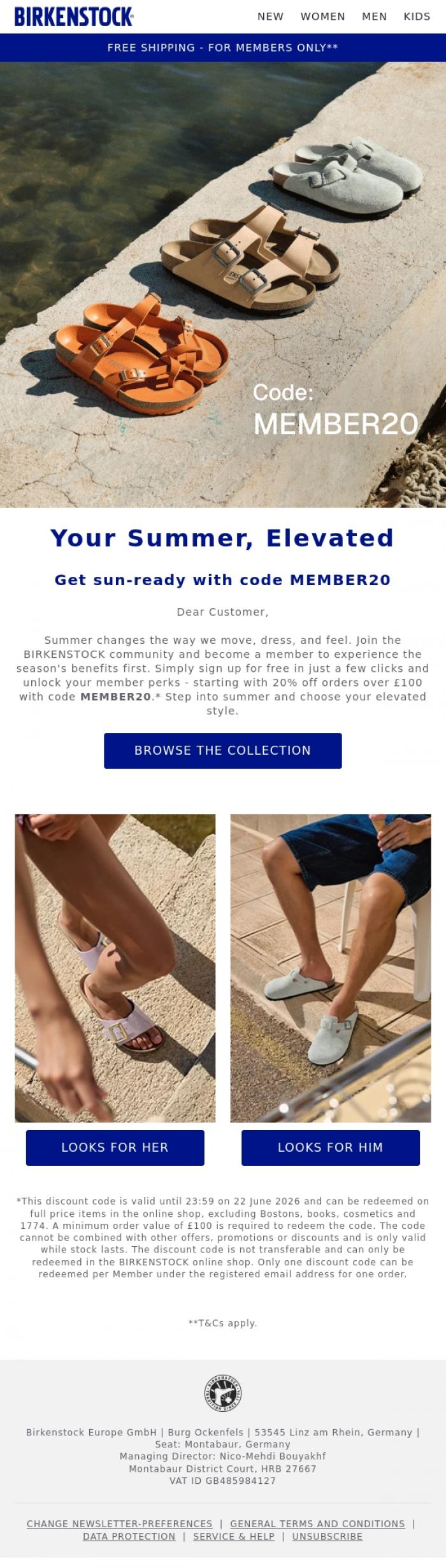 Email Design Inspiration from BIRKENSTOCK, Enjoy 20% off & keep up with the summer.