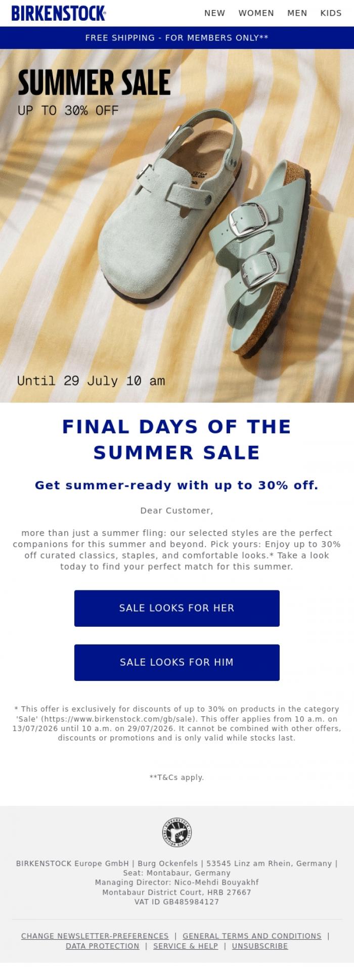 Email Design Inspiration from BIRKENSTOCK, Up to 30% off: Enjoy it while it lasts.