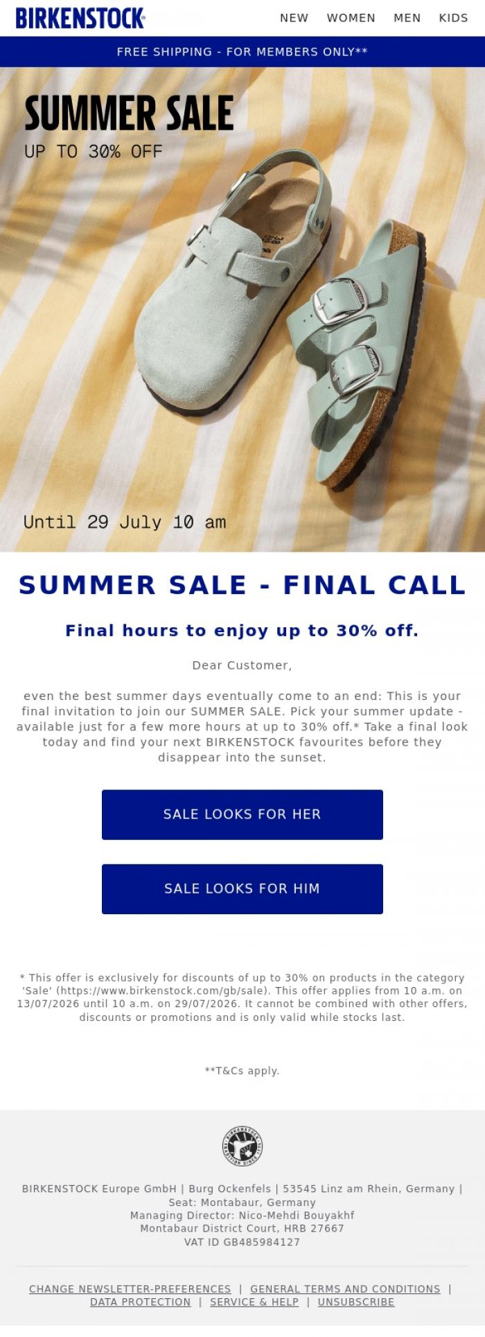 Email Design Inspiration from BIRKENSTOCK, Final Call: Make the most of the Summer Sale.