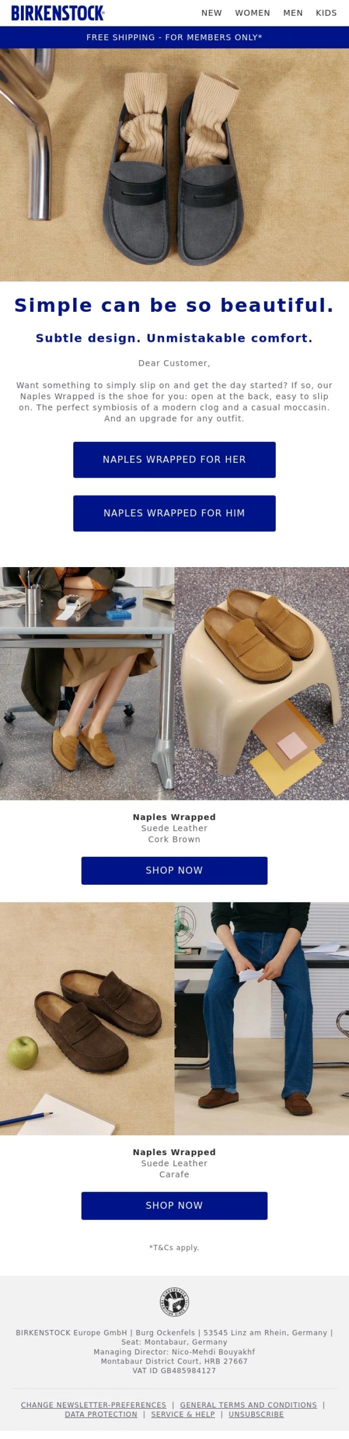 Email Design Inspiration from BIRKENSTOCK, Naples Wrapped: with distinctive stitching, without laces.