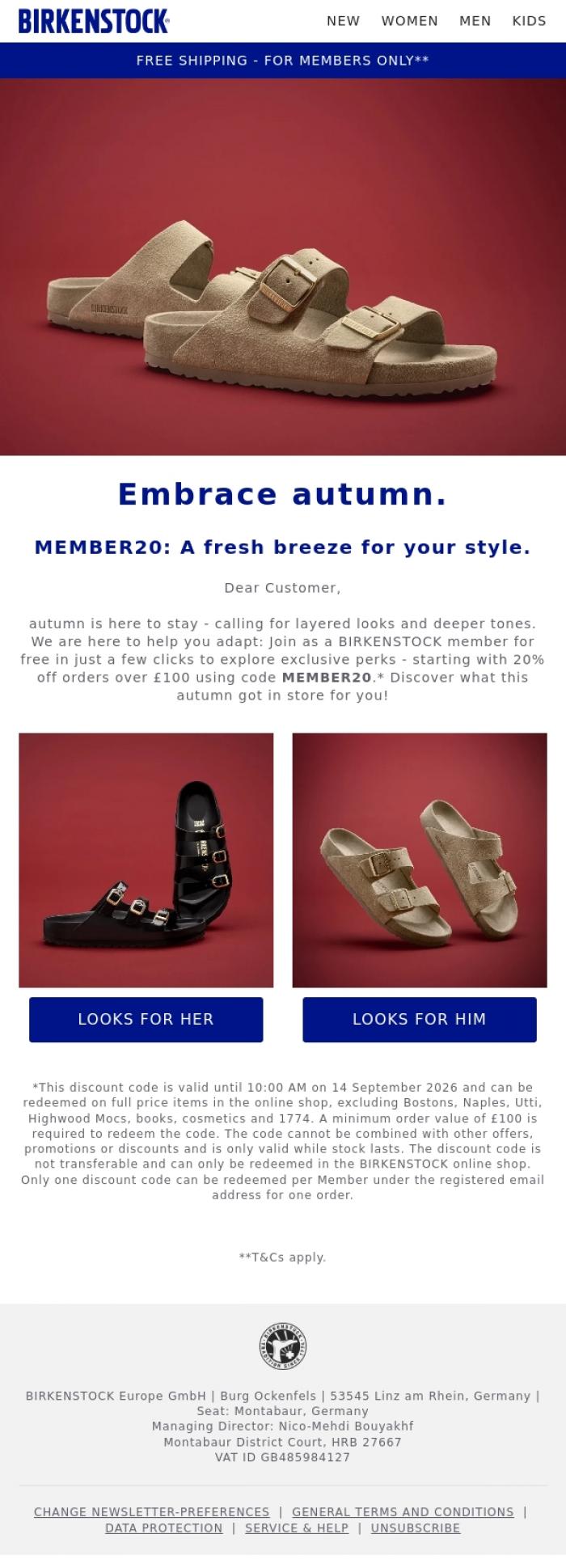 Email Design Inspiration from BIRKENSTOCK, Awesome autumn: Enjoy 20% off.