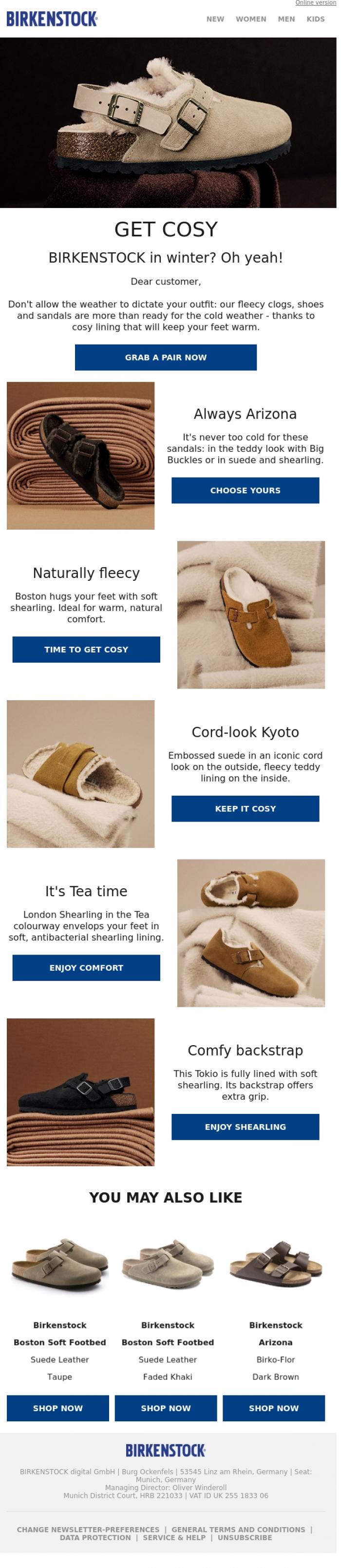 Email Design Inspiration from BIRKENSTOCK News, Winter cosiness. Timeless coolness.