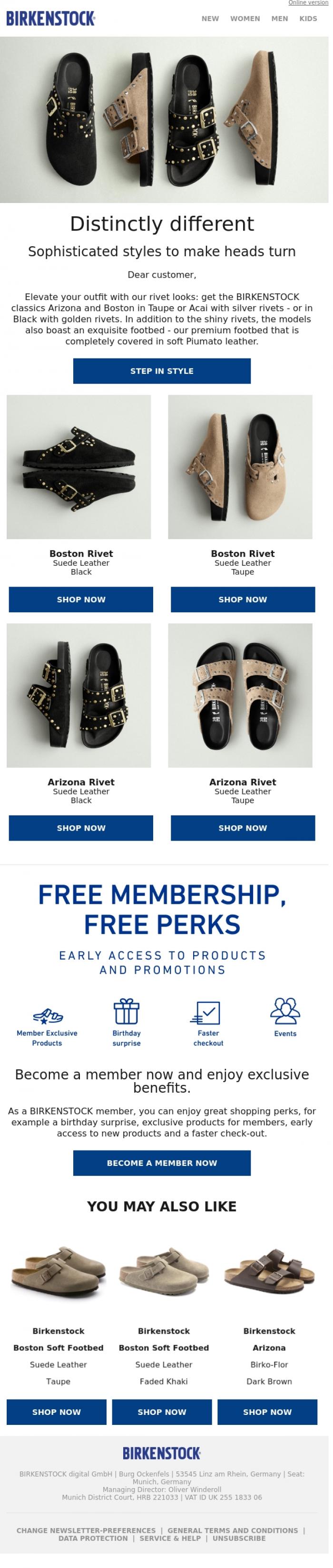 Email Design Inspiration from BIRKENSTOCK News, New: Arizona & Boston elevated with metallic rivets