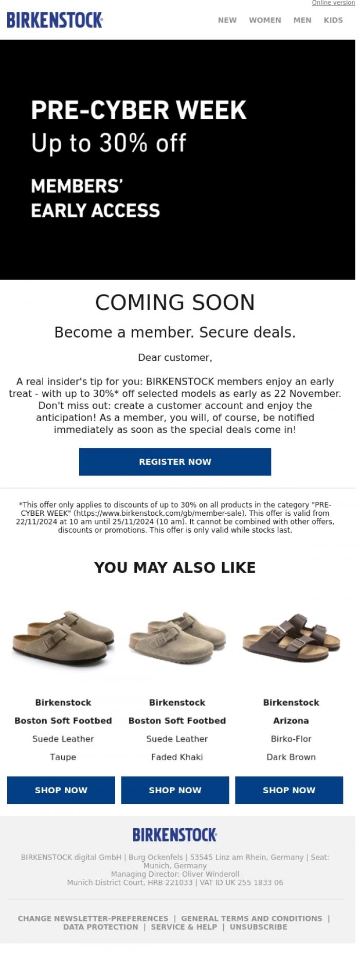 Email Design Inspiration from BIRKENSTOCK News, Dear customer, secure early access!