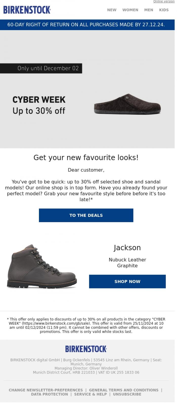 Email Design Inspiration from BIRKENSTOCK News, Cyber Week Offers