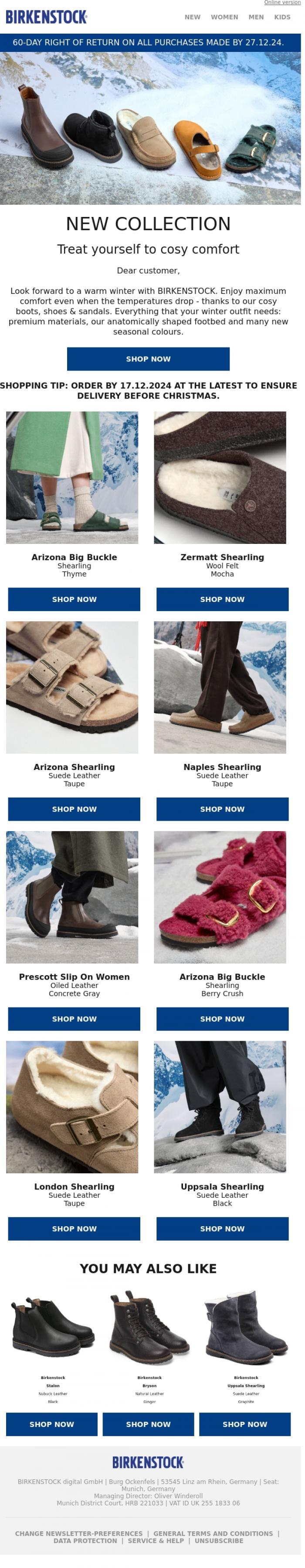 Email Design Inspiration from BIRKENSTOCK News, Stay stylish and warm this winter!