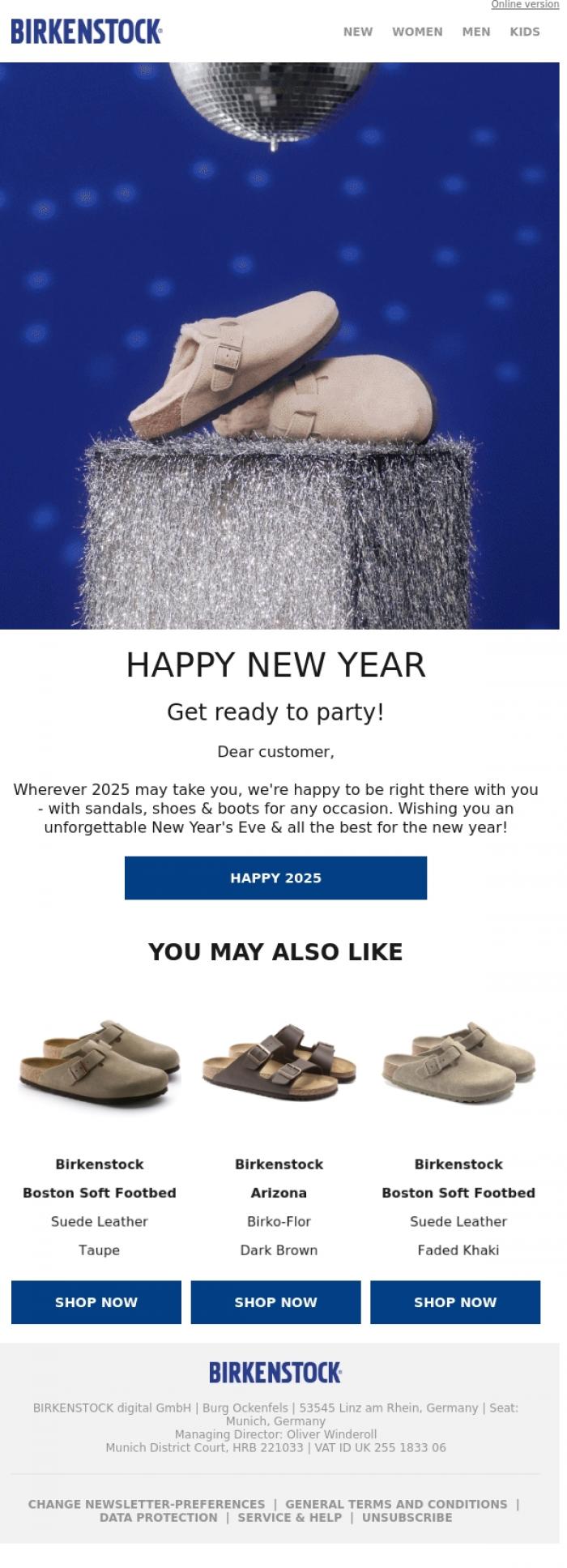 Email Design Inspiration from BIRKENSTOCK News, Happy 2025.