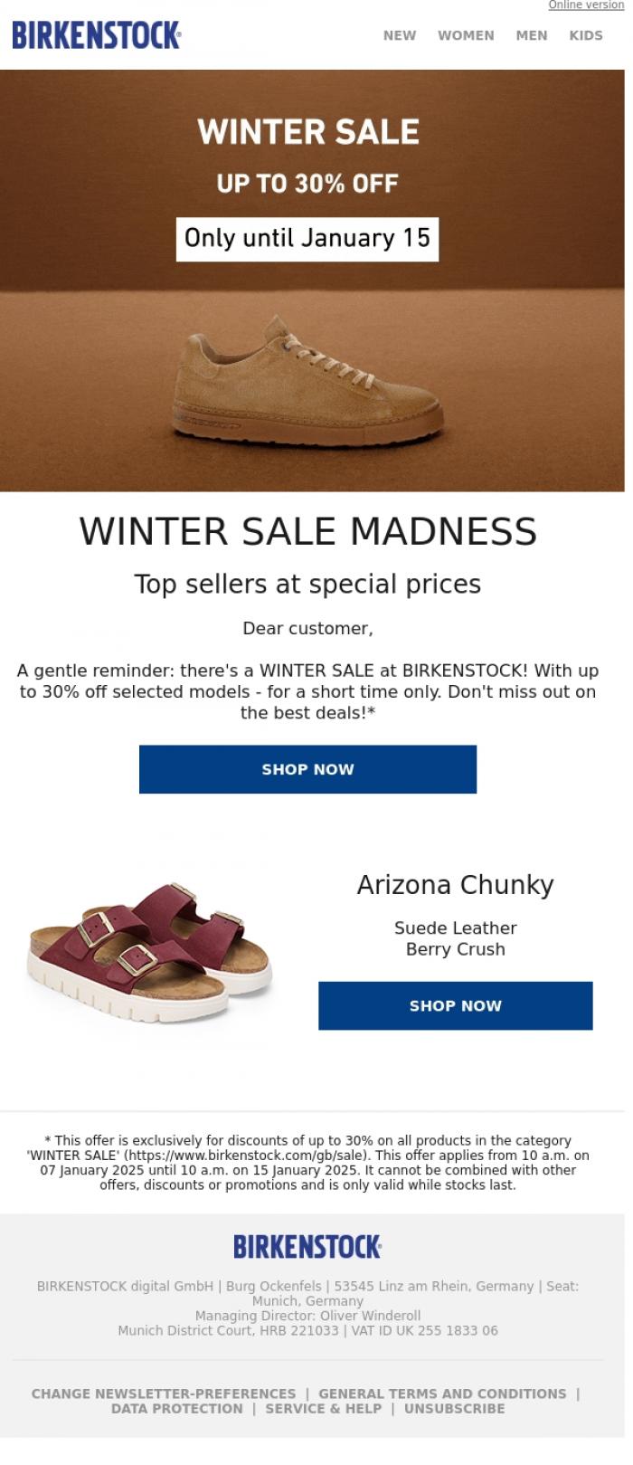 Email Design Inspiration from BIRKENSTOCK News, You don't want to miss this! Winter sale at Birkenstock