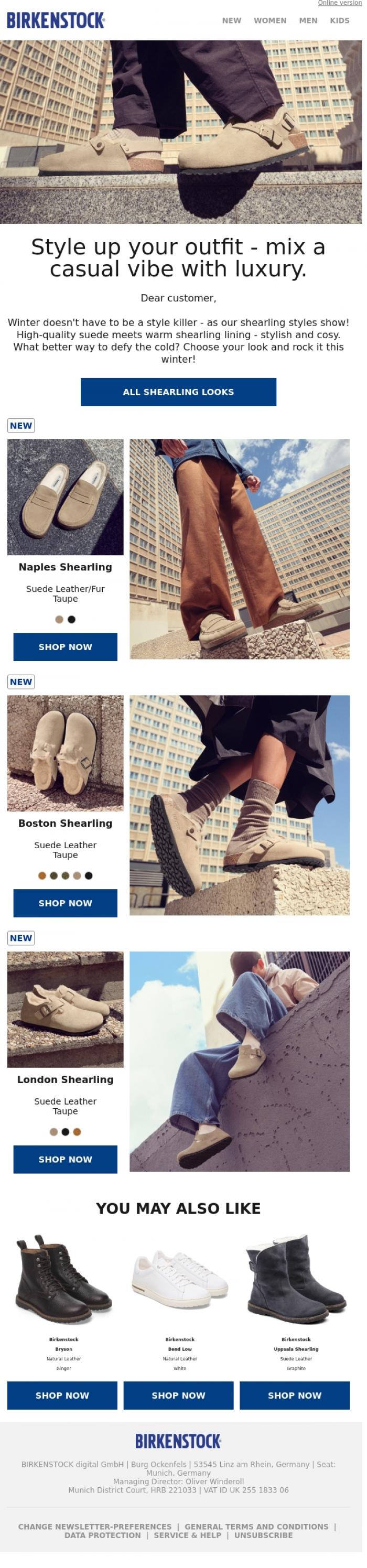 Email Design Inspiration from BIRKENSTOCK News, Signature winter looks await you