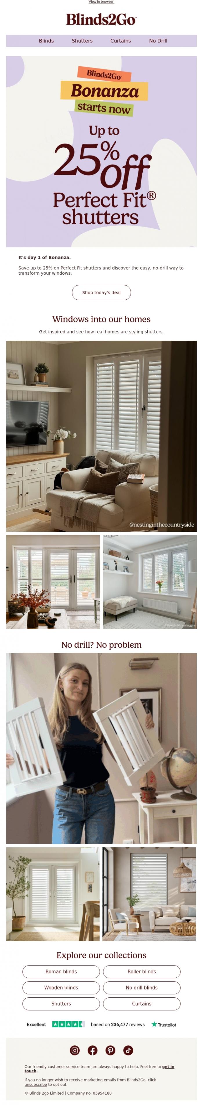 Email Design Inspiration from Blinds 2go Promotions Team, Up to 25% off Perfect Fit&reg; shutters