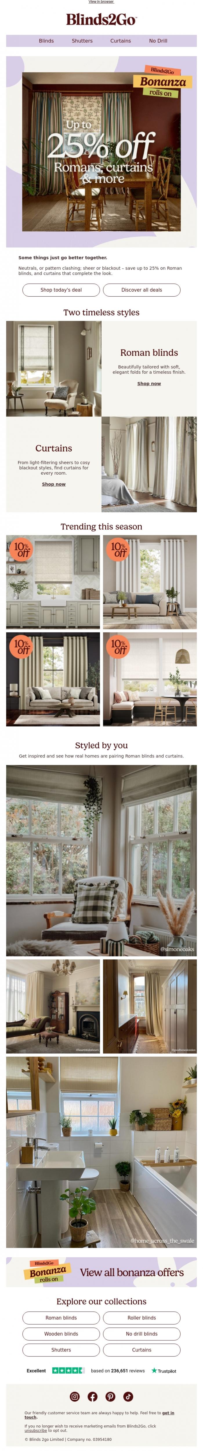 Email Design Inspiration from Blinds 2go Promotions Team, Better together: Romans & Curtains now on sale