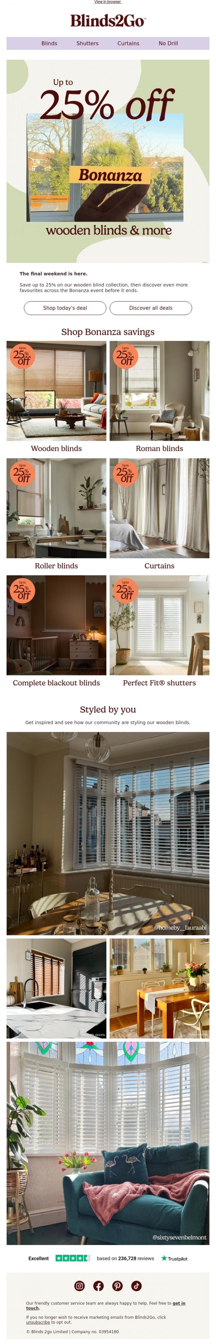 Email Design Inspiration from Blinds 2go Promotions Team, Final weekend: up to 25% off