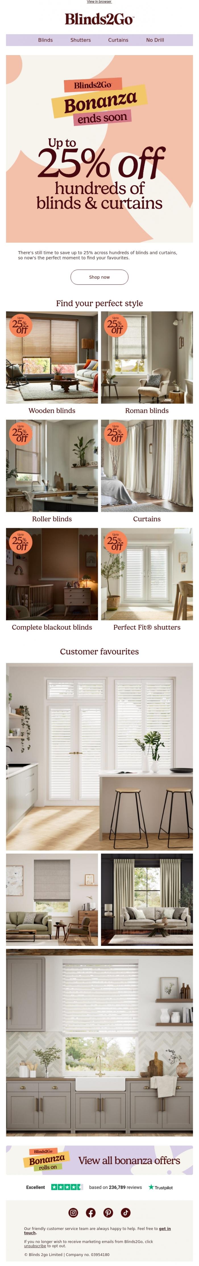 Email Design Inspiration from Blinds 2go Promotions Team, Ends soon: up to 25% off