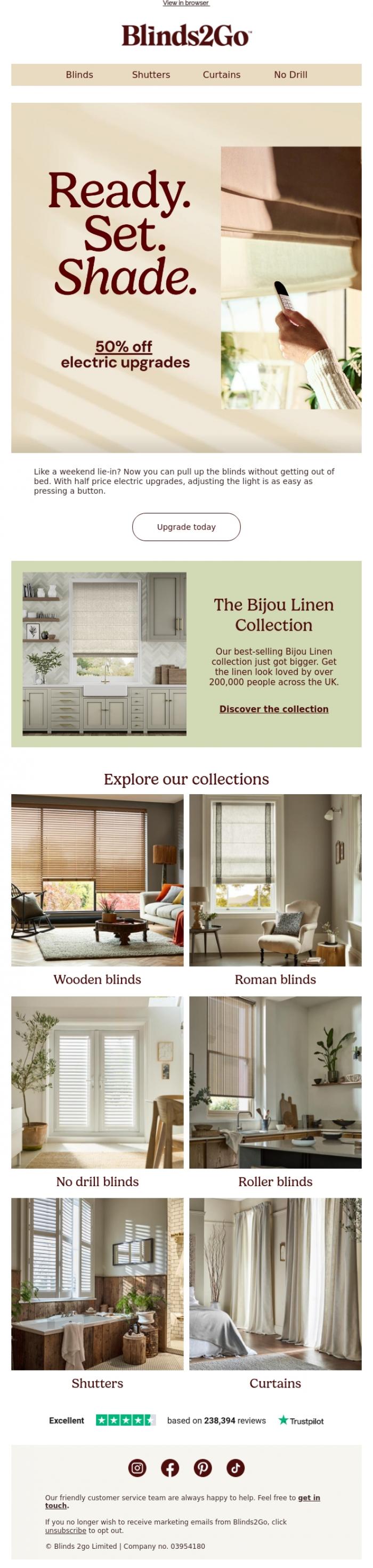 Email Design Inspiration from Blinds 2go Promotions Team, Half price electric upgrades