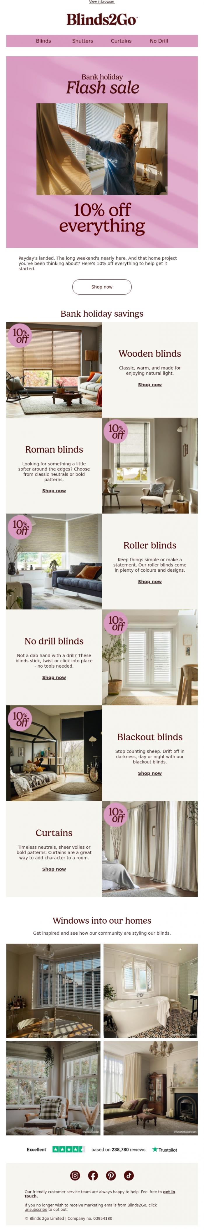 Email Design Inspiration from Blinds 2go Promotions Team, 10% off everything starts now