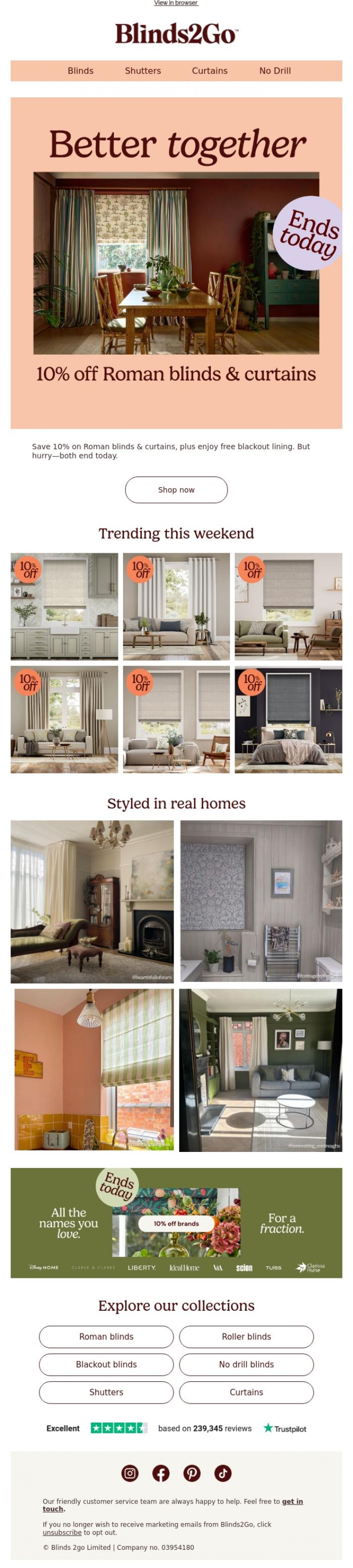Email Design Inspiration from Blinds 2go Promotions Team, Last chance to save on Romans & curtains